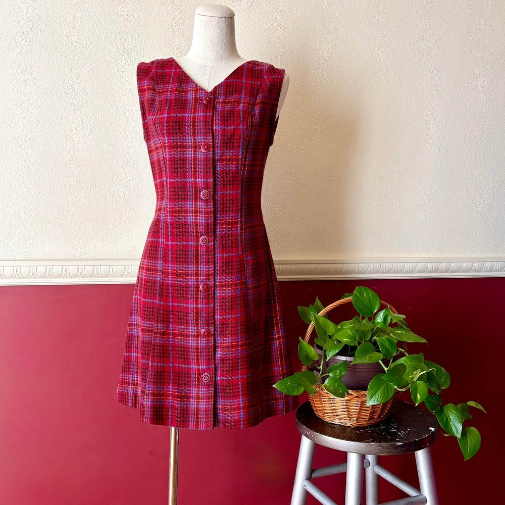 Vintage Handmade Burgundy Plaid Button Front Vest Dress Size XS Preppy Academia